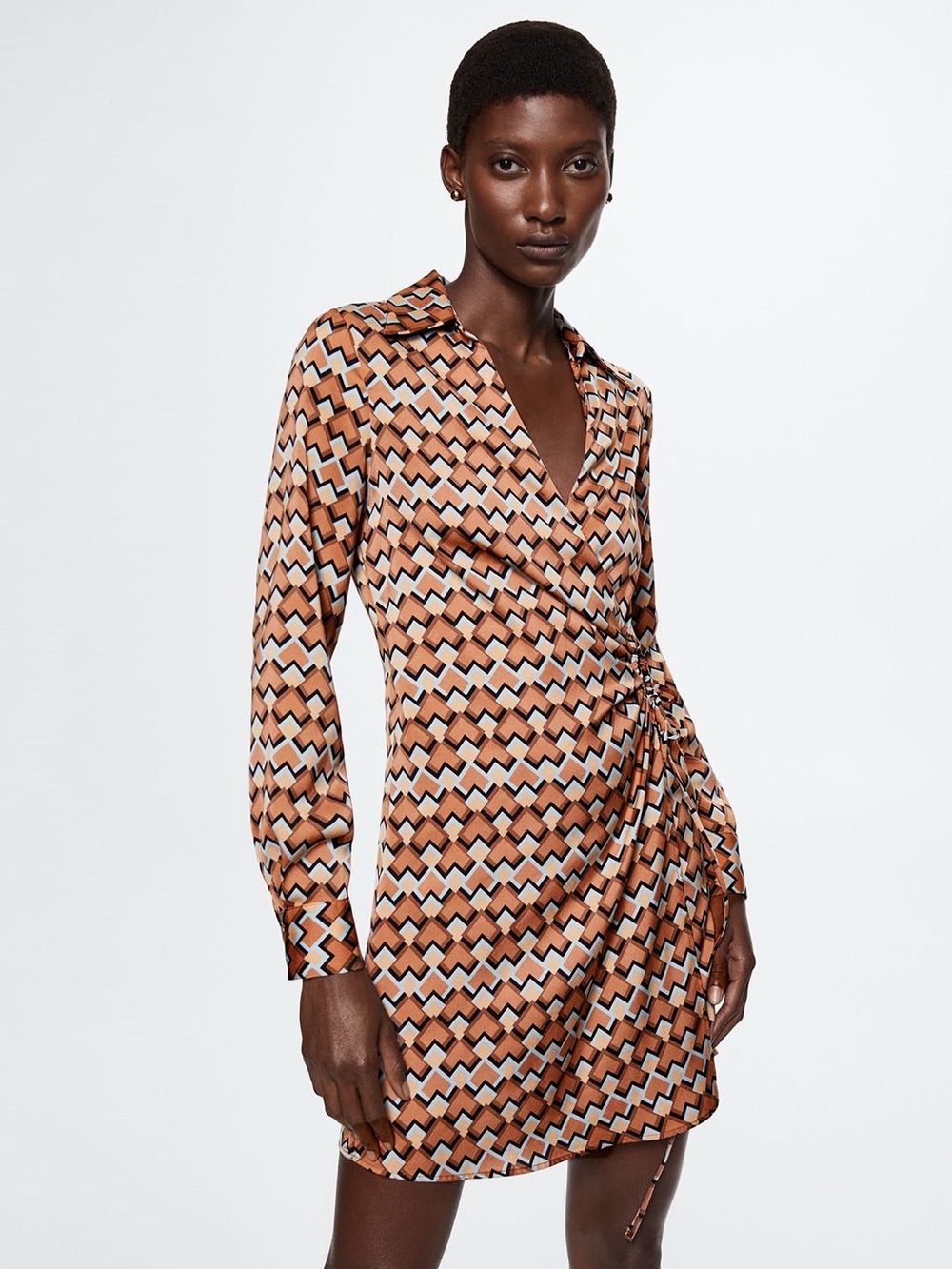 MANGO Orange & White Geometric Printed Wrap Dress. Size Small